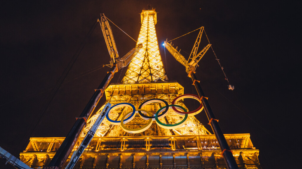 Paris Olympic Games 2024 - The Olympic Rings adorn the Eiffel Tower